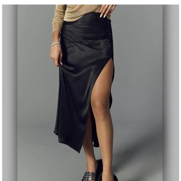 New Sophie Rue Anthropologie Manhattan Black Satin Maxi Skirt Slit Sexy Classy S